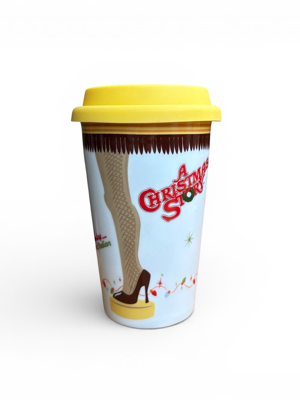 A Christmas Story Leg Lamp Ceramic Travel Mug 12oz Silicone Lid Major Award NWOT